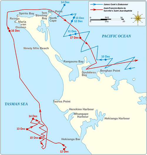The Route of the St Jean Baptiste and the Endeavour around the North Cape of New Zealand