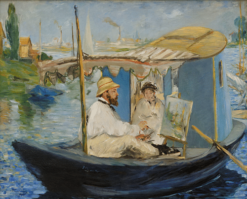 Monet Painting in His Studio Boat by Manet (by Neue Pinakothek, Munich, Public Domain)