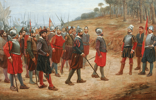 Francisco Pizarro on Isla del Gallo (by Juan Lepiani, Public Domain)