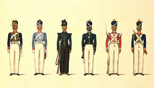 East India Company Madras Uniforms (by Yellapah of Vellore, Public Domain)