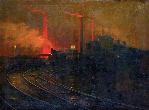 Steelworks, Cardiff, at Night by Walden (by Lionel Walden, Public Domain)