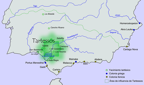 Mapa de Tartessos con colonias fenicias y griegas