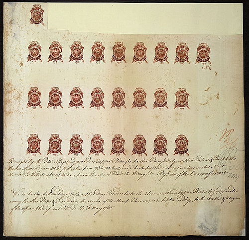 Proof Sheet of One Penny Stamps Issued During the Stamp Act (by Unknown, Public Domain)