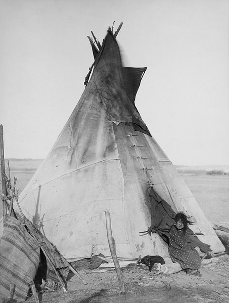 Oglala Sioux Girl in front of Tipi with Pet Dog