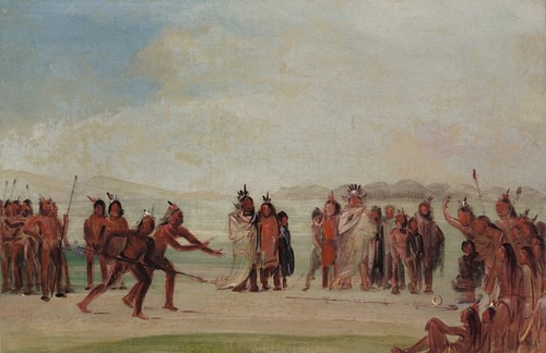 Tchung-kee, a Mandan Game Played with a Ring and Pole (by George Catlin, Public Domain)