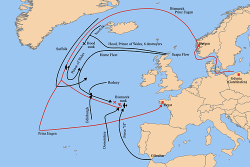 Map of the Bismarck's Route