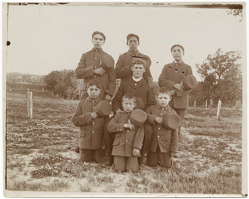 Teacher and Young Boys Posed for Photograph at American Indian Boarding School