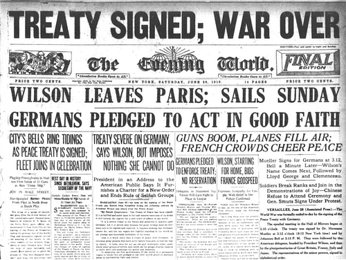 Newspaper Front Page Declaring the Signing of the Treaty of Versailles