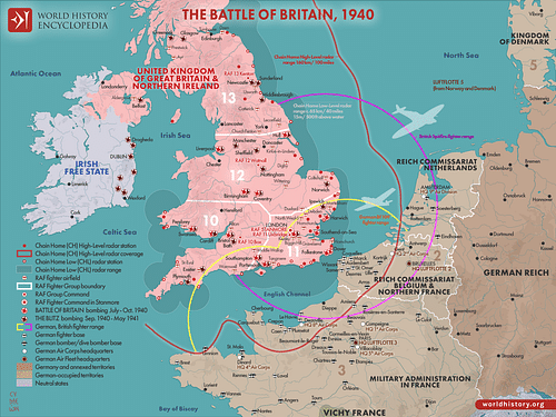 Map of the Battle of Britain, 1940