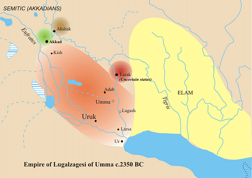 Mapa dos Domínios de Lugalzagesi (por Zunkir, CC BY-SA)