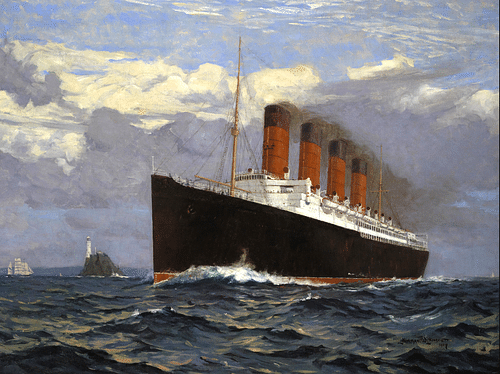 The Cunard Liner RMS Lusitania (by Norman Wilkinson, Public Domain) The Cunard Liner RMS Lusitania (by Norman Wilkinson, Public Domain)