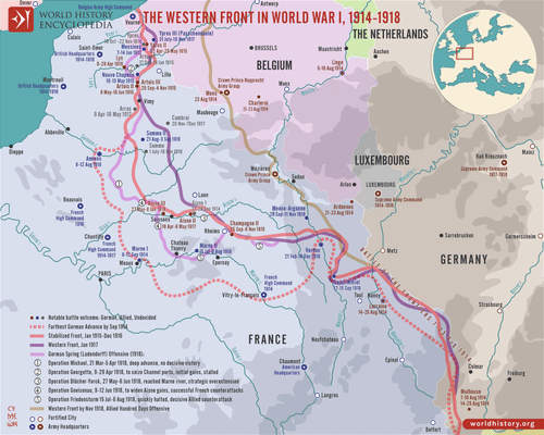 Map of the Western Front in World War I, 1914-1918