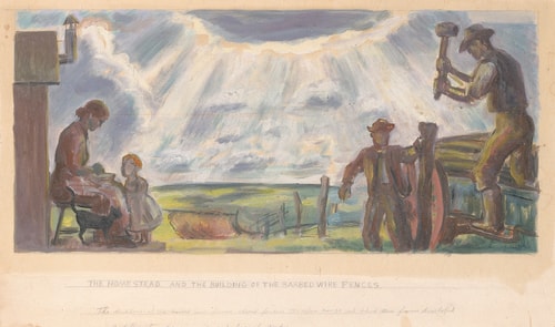 Homestead and the Building of the Barbed Wire Fences (by John Steuart Curry, Public Domain)
