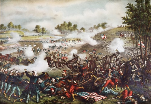 First Battle of Bull Run (First Manassas), 21 July 1861 (by Kurz & Allison, Public Domain)