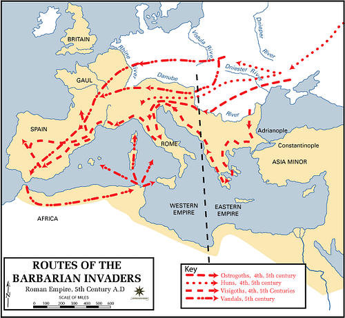 Routes of the Barbarian Invaders (by The Department of History, United States Military Academy, Public Domain)