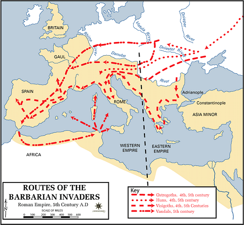 Routes of the Barbarian Invaders (by The Department of History, United States Military Academy, Public Domain)