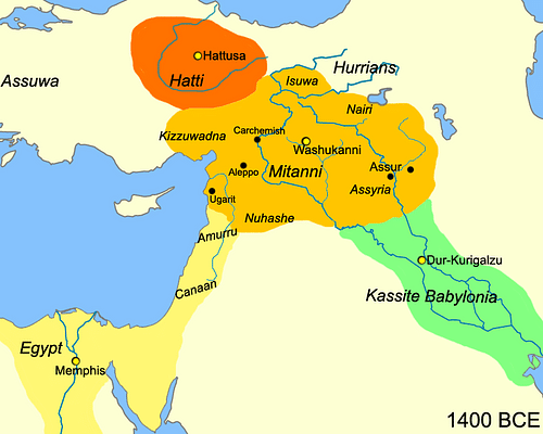 Map of Mesopotamia, c. 1400 BCE (by Javierfv1212, CC BY-SA)