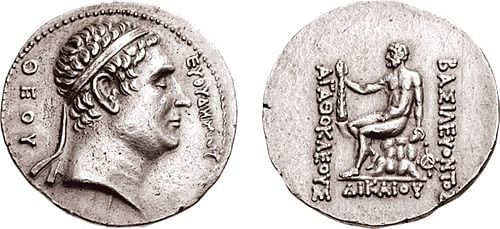 Commemorative coin of Euthydemos from Agathokles of Bactria (by Wildwinds.com, courtesy of cngcoins.com. Republished with permission, Copyright)