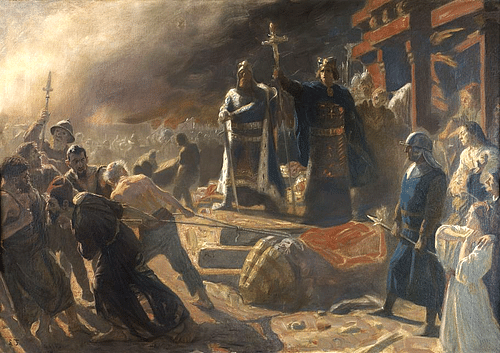 Bishop Absalon topples the god Svantevit at Arkona (by Laurits Tuxen, CC BY-NC-SA)