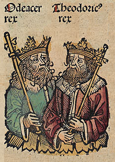 Nuremberg Chronicle (Theodoric and Odoacer) (by Schedel1, Public Domain)