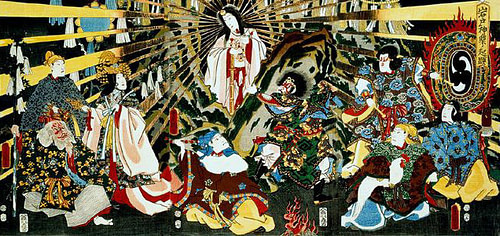 Amaterasu Emerging From Exile (by Utagawa Toyokuni III, Public Domain)