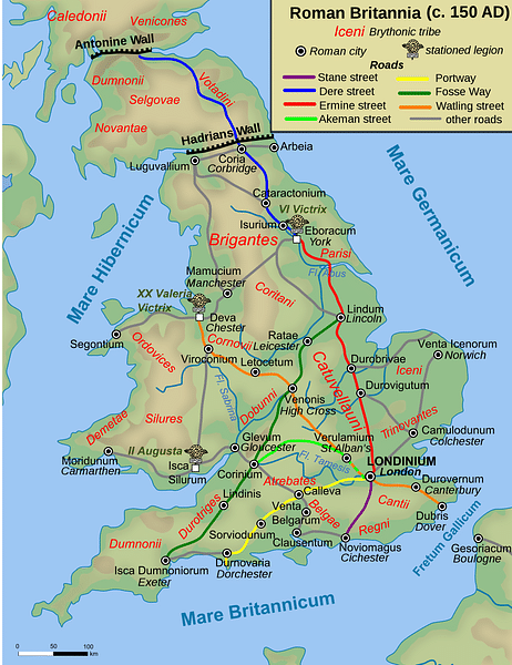 Map of Roman Britain, 150 AD (by Andrei nacu, Public Domain)