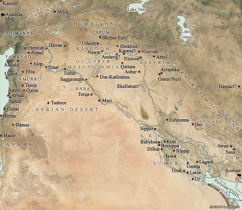 mapa Mezopotámie, 2000-1600 př. n. l.