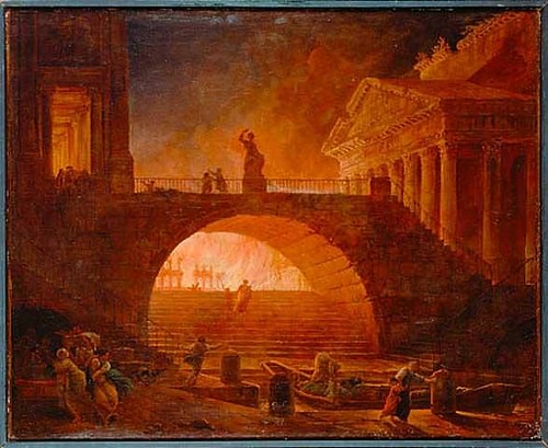 The Great Fire of Rome, 64 CE. (by Hubert Robert, Public Domain)