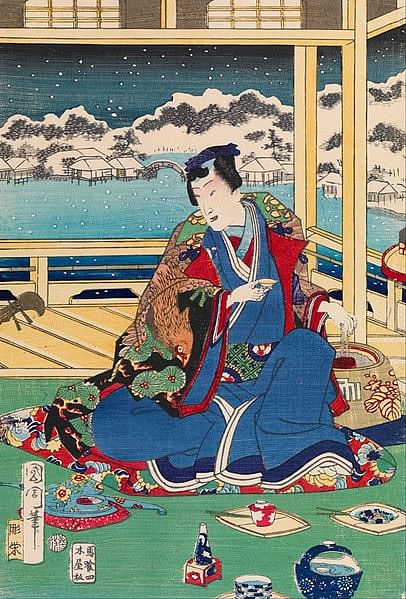 Genji Viewing Snow from a Balcony (by Kunichika Toyohara, Public Domain)