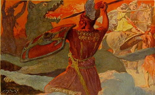 Odin fighting Fenrir (by Emil Doepler, Public Domain)