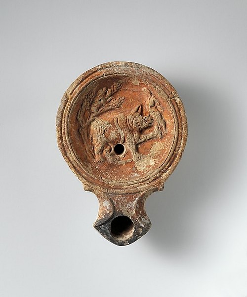 Roman Terracotta Oil Lamp with a Rhinoceros Image