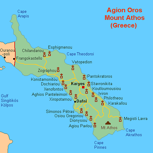Map of Mount Athos Monasteries