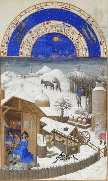February, Les Tres Riches Heures (by Limbourg Brothers, Public Domain)