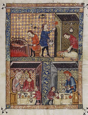 Depiction of a Medieval Passover from the Rylands Haggadah