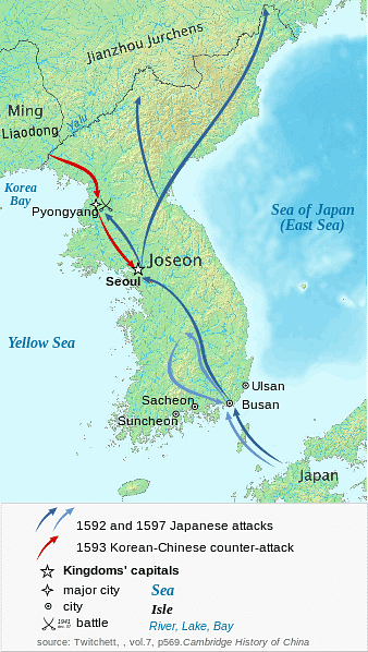 Map of Japanese Invasions of Korea, 1592-98 CE