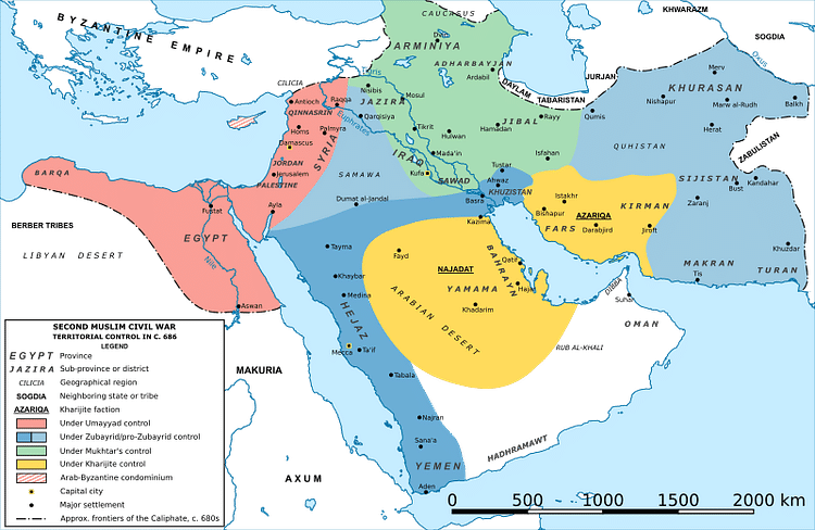 Map of the Middle East during the Second Fitna (c. 686 CE)