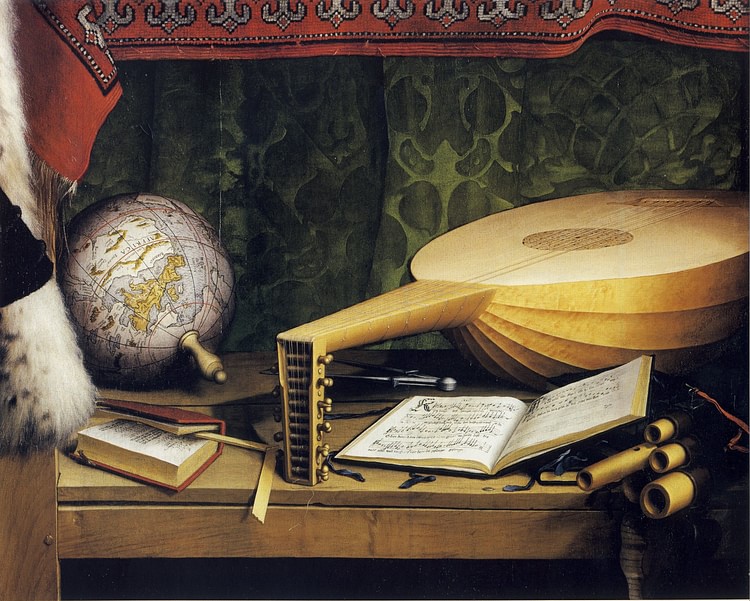 16th century CE Desk with Lute, Globe and Books