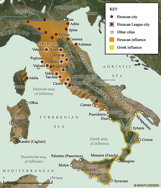 Map of Etruscan and Greek influence in Italy