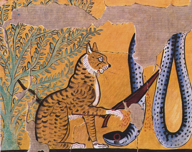 Egyptian Painting of a Cat Killing a Serpent