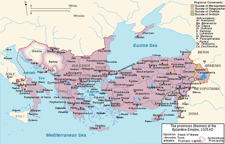Map of the Byzantine Empire in 1025 CE