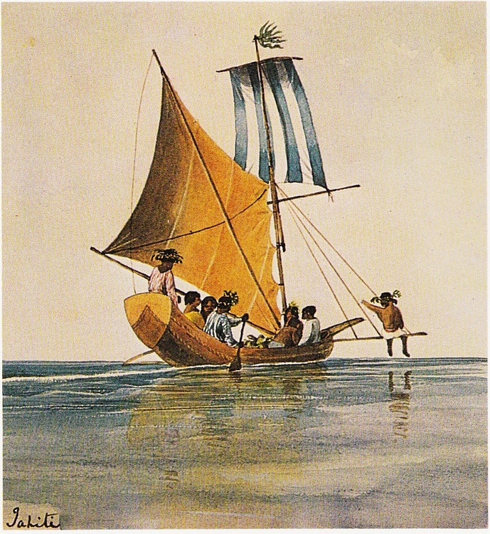 Painting of Tahitian Polynesians in a Canoe