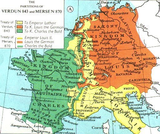 Division of the Carolingian Empire in 843 & 870 CE