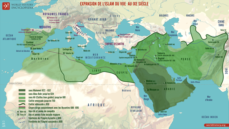 Carte de l'Expansion de l'Islam du VIIe au IXe siècle