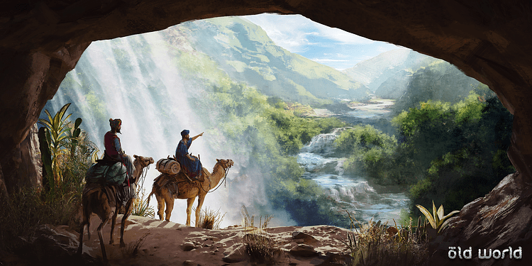 Camel Riders Discovering a Lush Valley
