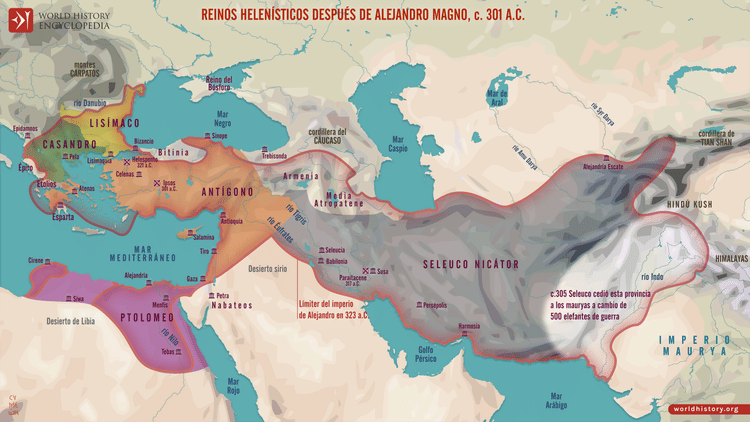 Mapa de los reinos helenísticos después de Alejandro Magno, circa 301 a.C.