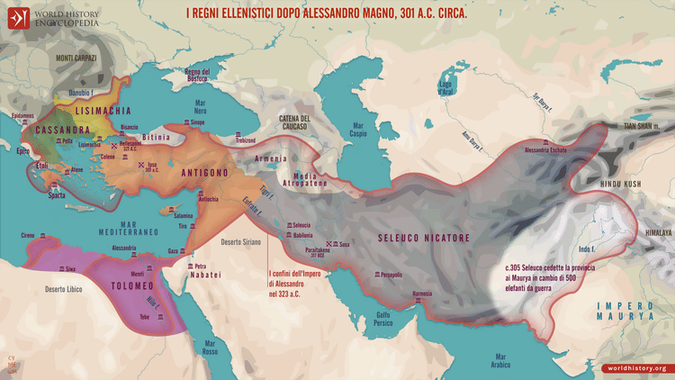 Mappa dei Regni Ellenistici dopo Alessandro Magno, 301 a.C. circa.