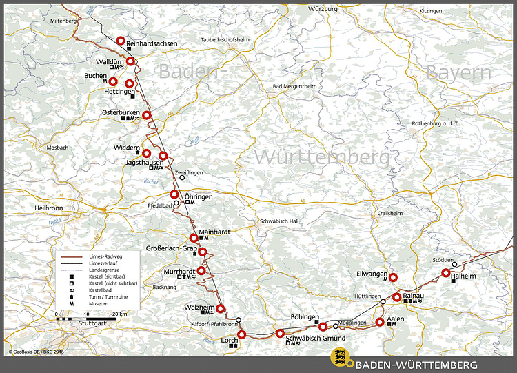 Map of the Limes in Baden Württemberg, Germany