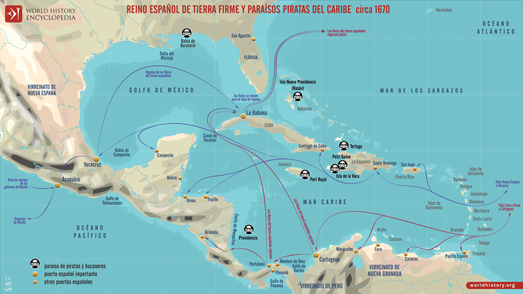 Mapa de los puertos piratas de la Tierra Firme y el Caribe hacia 1670