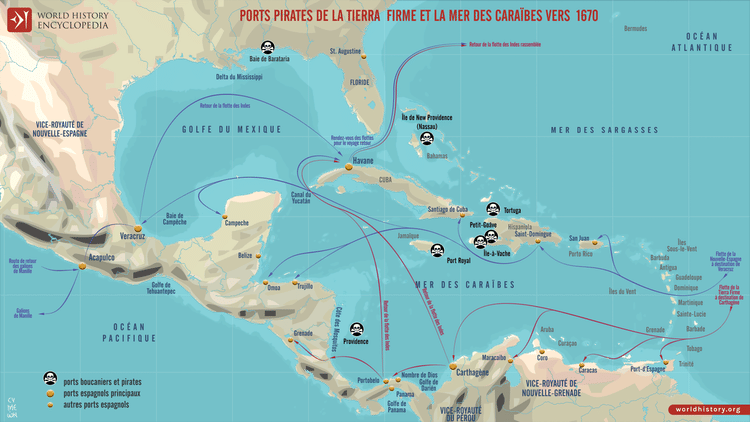 Carte des ports pirates de la Tierra Firme et de la mer des Caraïbes vers 1670