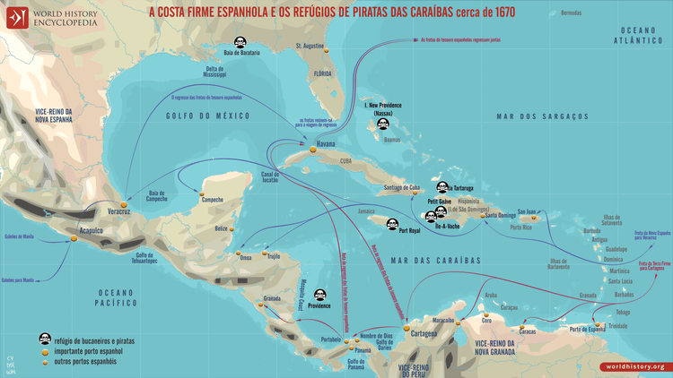 Mapa da Costa Firme e dos Refúgios de Piratas nas Caraíbas, cerca de 1670